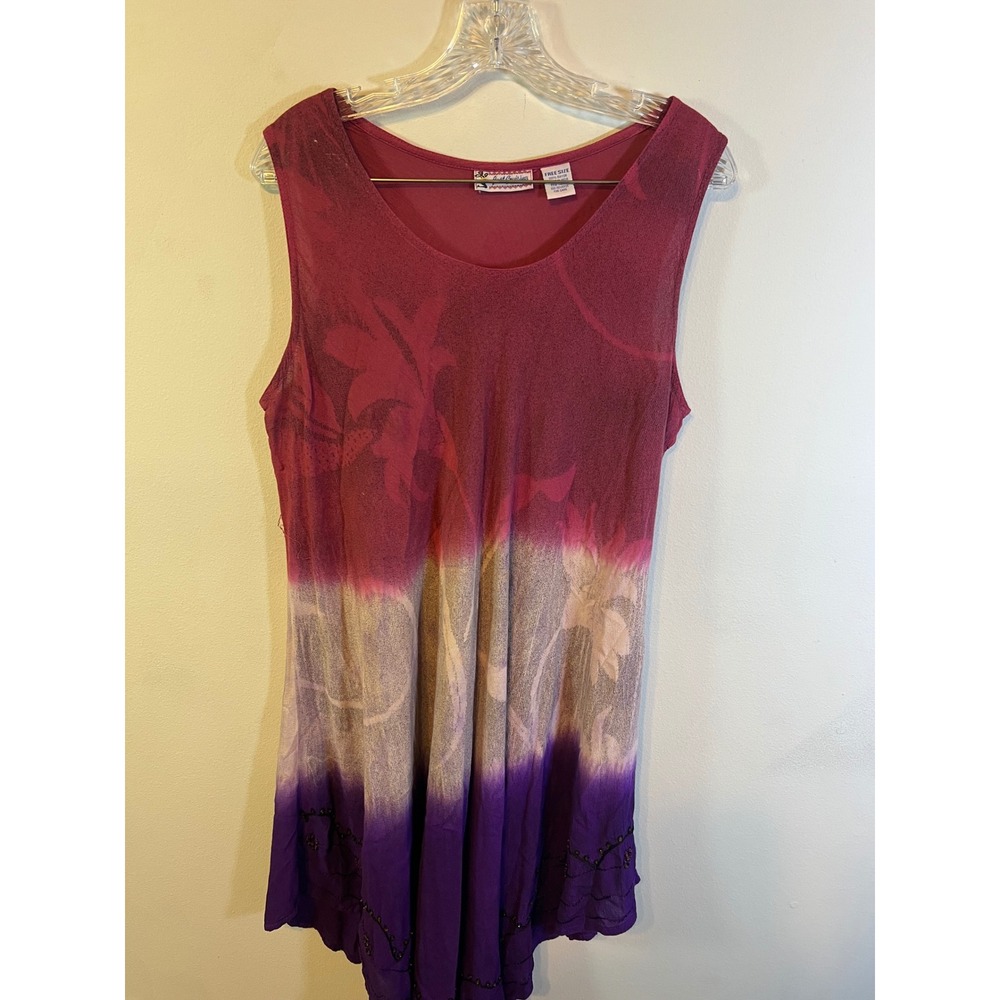 Just Cruising Womens Tunic Top Ombre Beaded Sharkbite Pink Purple Free Size